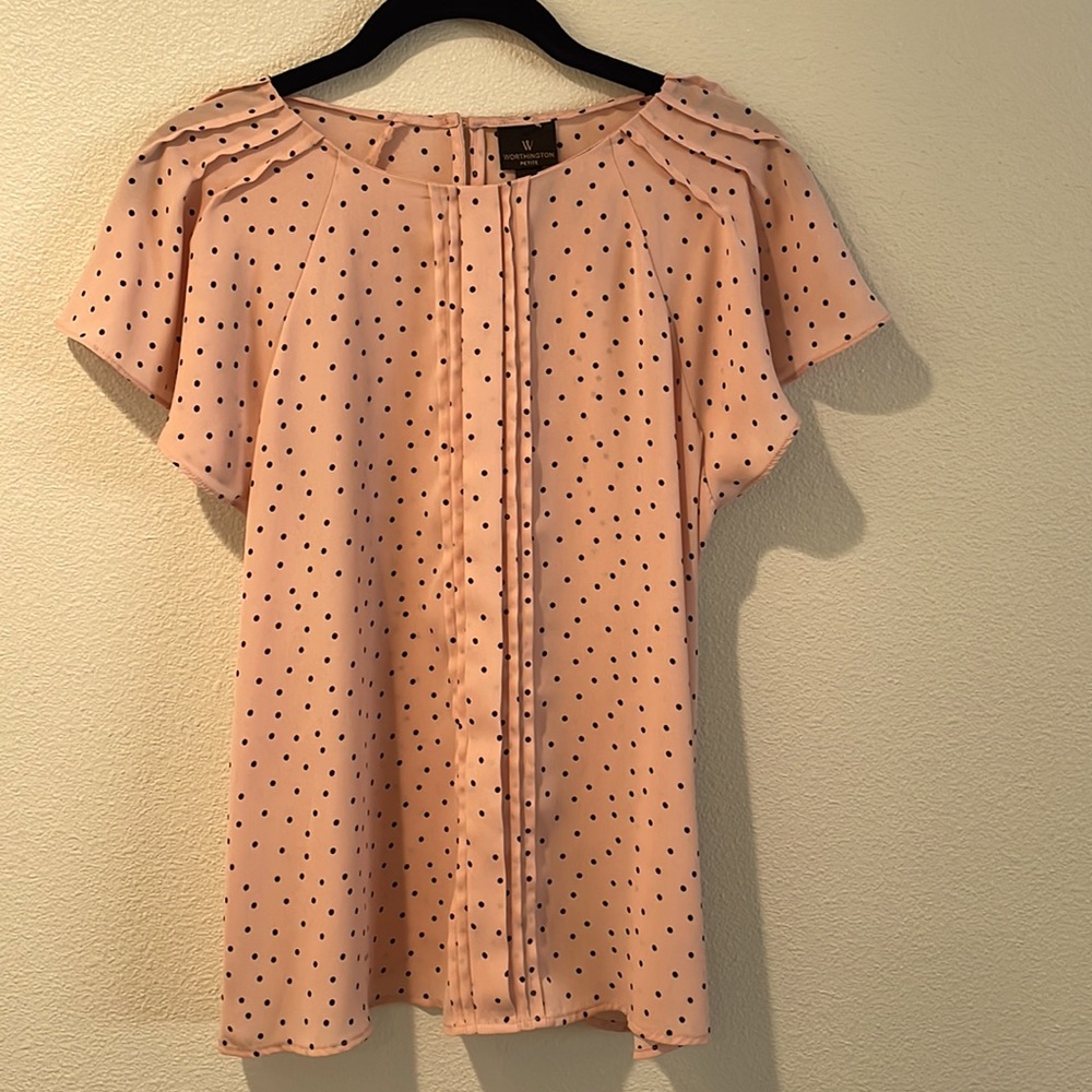 Pink Worthington blouse with black polka dots